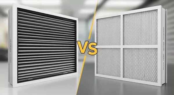 HVAC media filter vs standard HVAC air filter comparison showing pleated filter designs