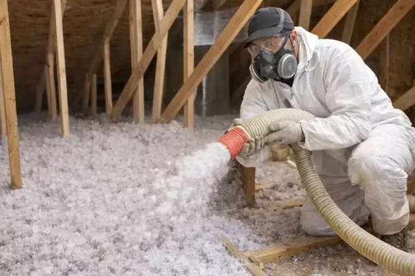 Technician installing blown-in attic insulation using hose equipment to improve home energy efficiency and comfort