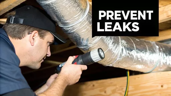 Technician inspecting air ducts for leaks using flashlight to improve ductwork rating and identify duct leakage issues in HVAC system