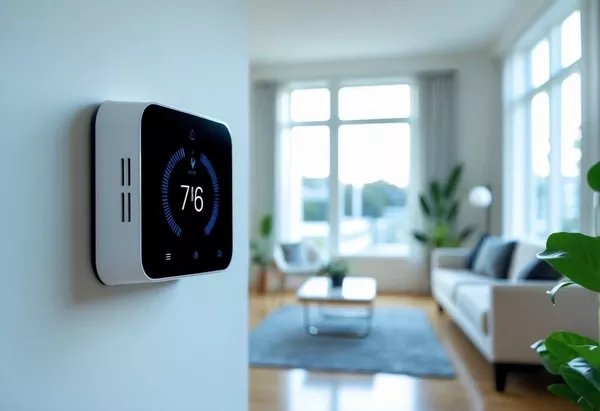 Smart thermostat mounted on a wall controlling home HVAC temperature in a modern living room